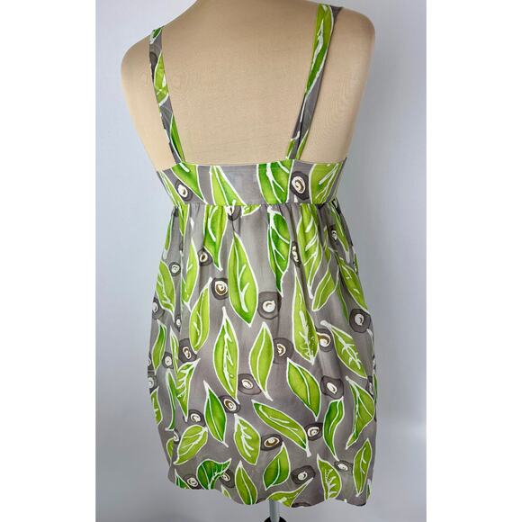 Vince. Size 8 Empire Waist Silk Mini Dress Gray Green Sundress Leaf Leaves Boho - Picture 8 of 11